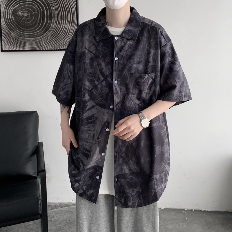@港风2021夏季潮流印花男士短袖衬衣休闲宽松衬衫C35-P40控58图片
