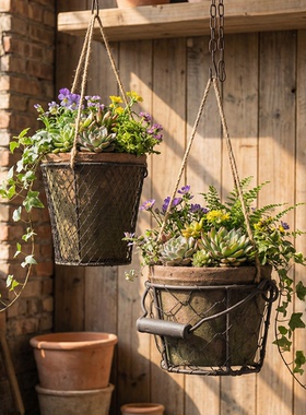 铁框花盆粗陶老式瓦盆绿植复古红陶多肉悬挂式吊篮瓦盆吊兰陶土盆