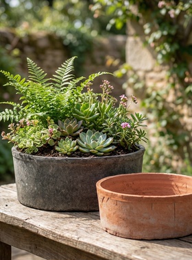 直央盆多肉花盆粗陶大透气红陶浅口瓦盆陶瓷陶土盆复古透气专用