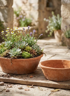 家用泥瓦盆多肉手工瓦盆阳台透气浅口种菜陶土盆田园大口径铜钱草