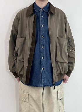 WHICHONE 日系秋冬复古拼接口袋翻领宽松夹克外套上衣