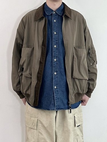 WHICHONE 日系秋冬复古拼接口袋翻领宽松夹克外套上衣