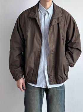 WHICHONE 日系复古秋宽松休闲口袋外套男纯色立领工装夹克