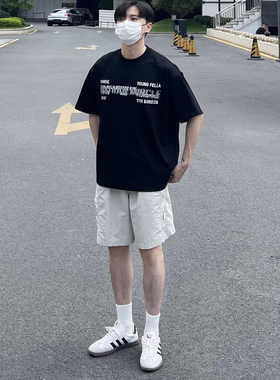 WHICHONE日系复古字母印花圆领短袖T恤男夏季宽松休闲百搭上衣