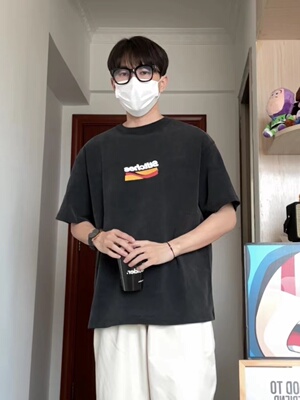 WHICHONE五分袖潮青少年水洗做旧