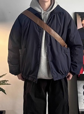 WHICHONE日系冬季复古廓形翻领加厚保暖工装翻领棉服外套