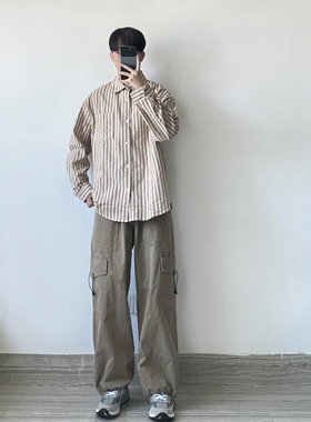 WHICHONE 日系复古条纹翻领宽松磨毛休闲宽松衬衫上衣男