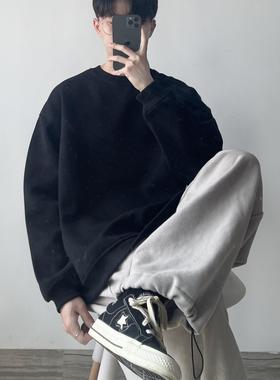 WHICHONE 日系秋季复古纯色圆领卫衣男基础款宽松休闲百搭打底衫