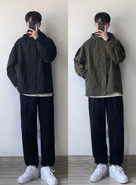 WHICHONE 日系秋季山系户外魔术贴工装防风连帽冲锋衣外套男