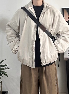 WHICHONE美式秋冬复古立领拉链棉服男加厚保暖宽松百搭棉衣外套