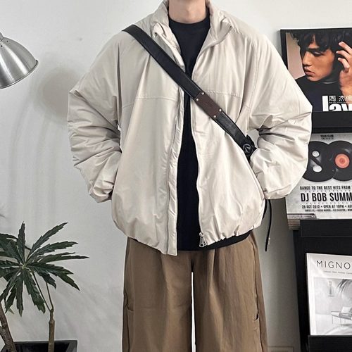 WHICHONE美式秋冬复古立领拉链棉服男加厚保暖宽松百搭棉衣外套