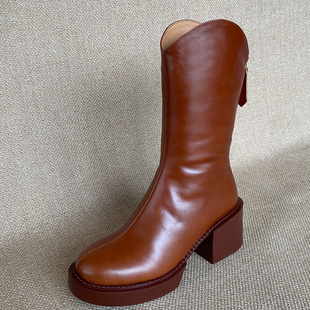 冬季加绒加厚真皮羊羔毛头层牛皮圆头中筒靴女厚底保暖毛里女靴子