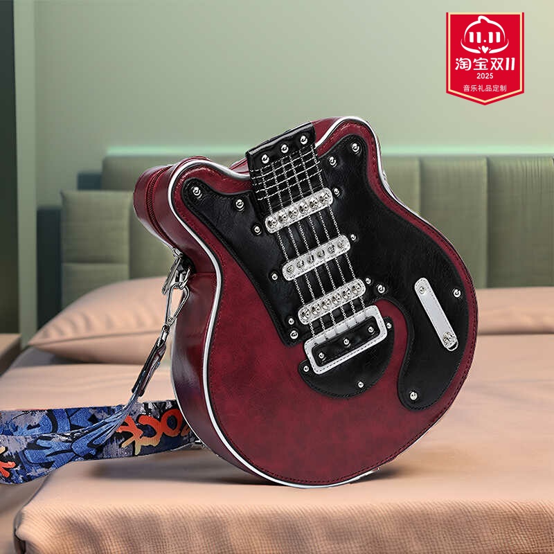电吉他斜跨包简约乐器造型个性绣花黑色创意文艺范单肩包音乐礼物