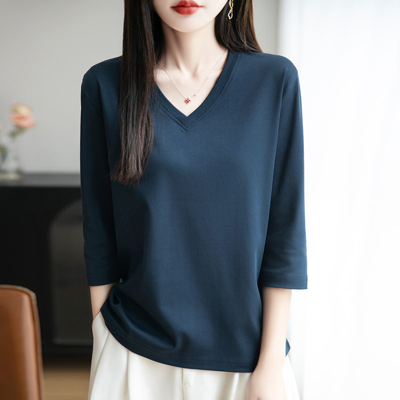 2026秋季新款V领七分袖纯棉T恤女纯色简约宽松休闲百搭打底衫上衣