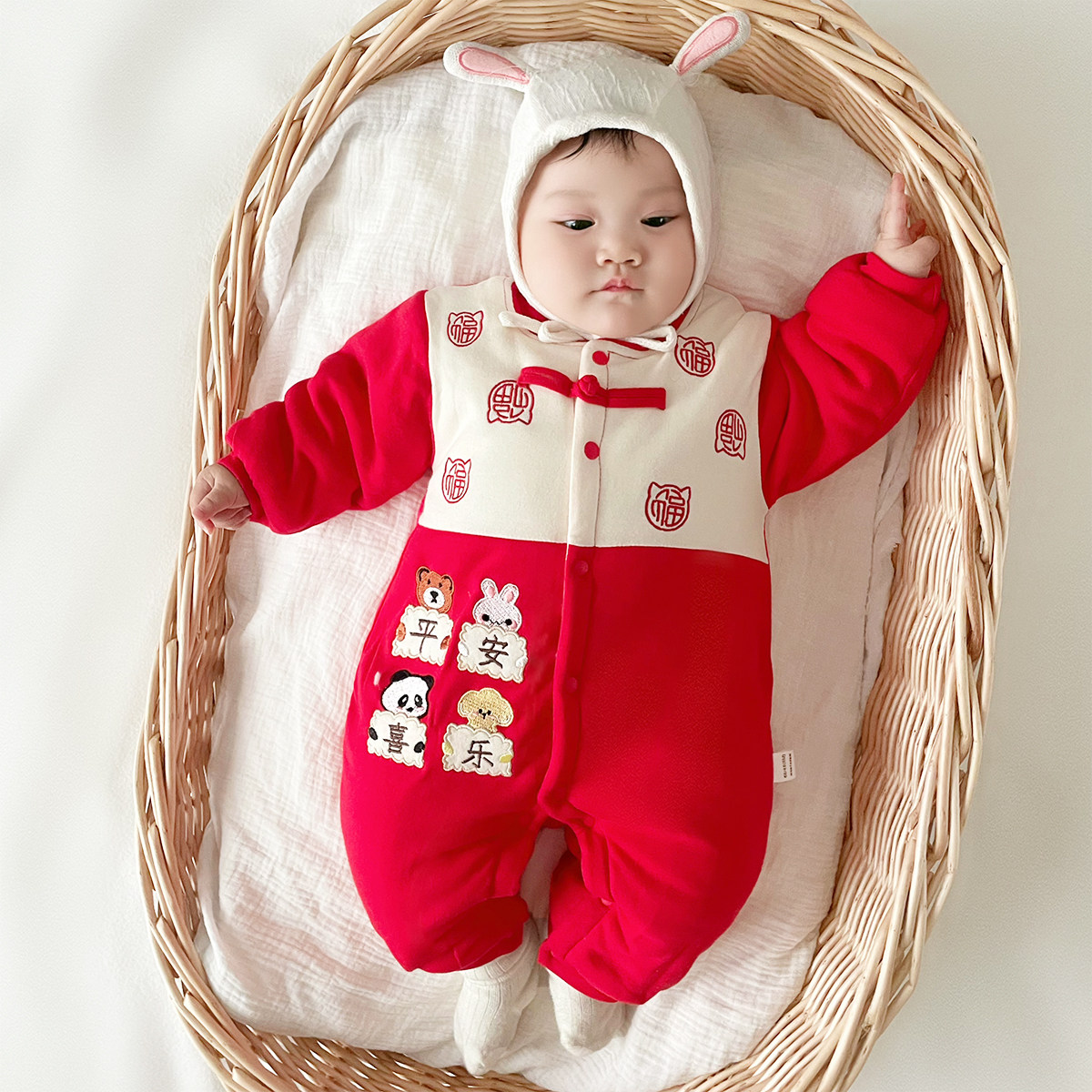拜年服婴儿衣服冬季夹棉宝宝连体衣加厚新年大红冬装喜庆年服棉服