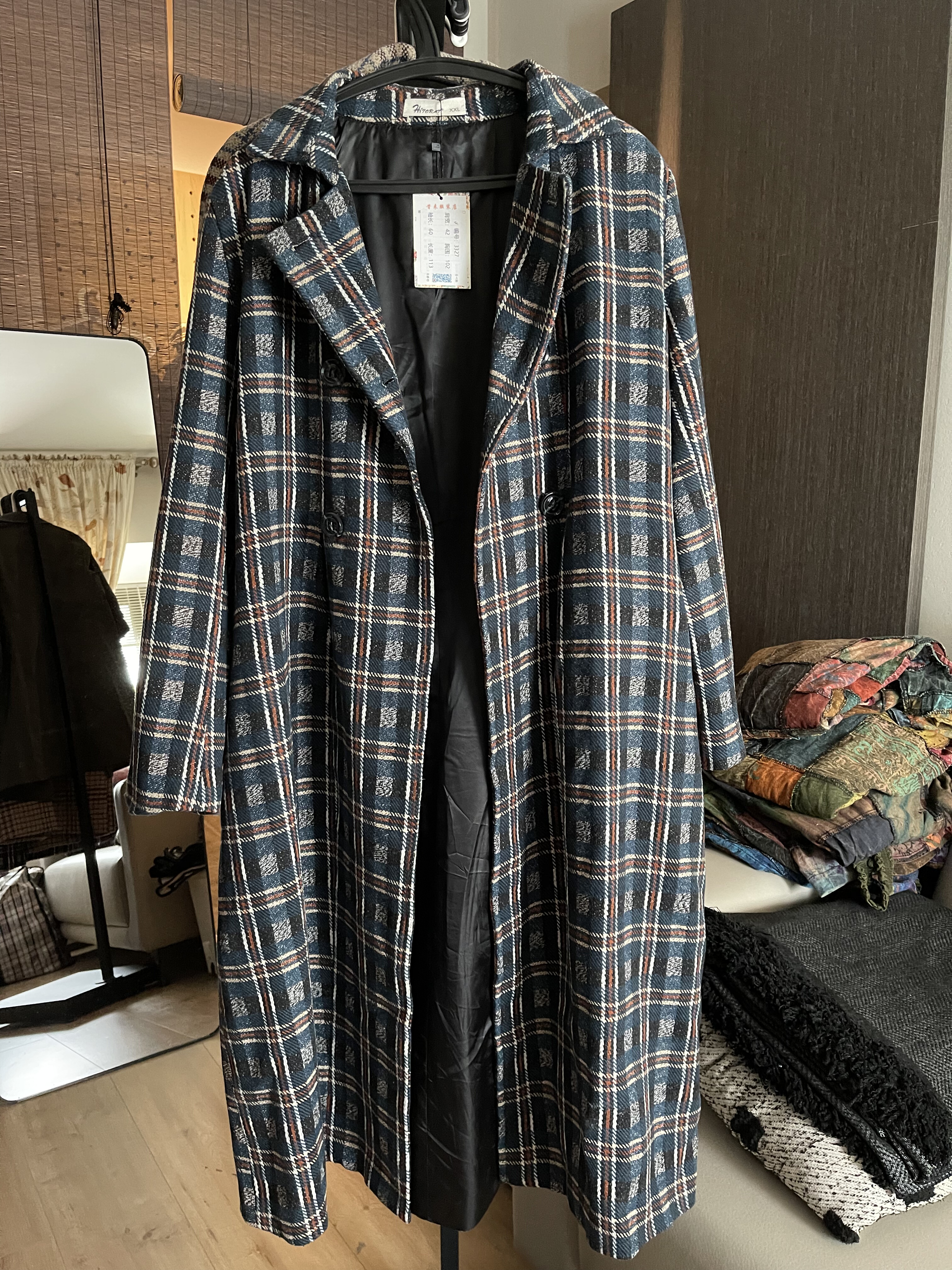 特价清库存 女装毛呢半长外套胸围102cm衣长113cm 蓝灰咖格子