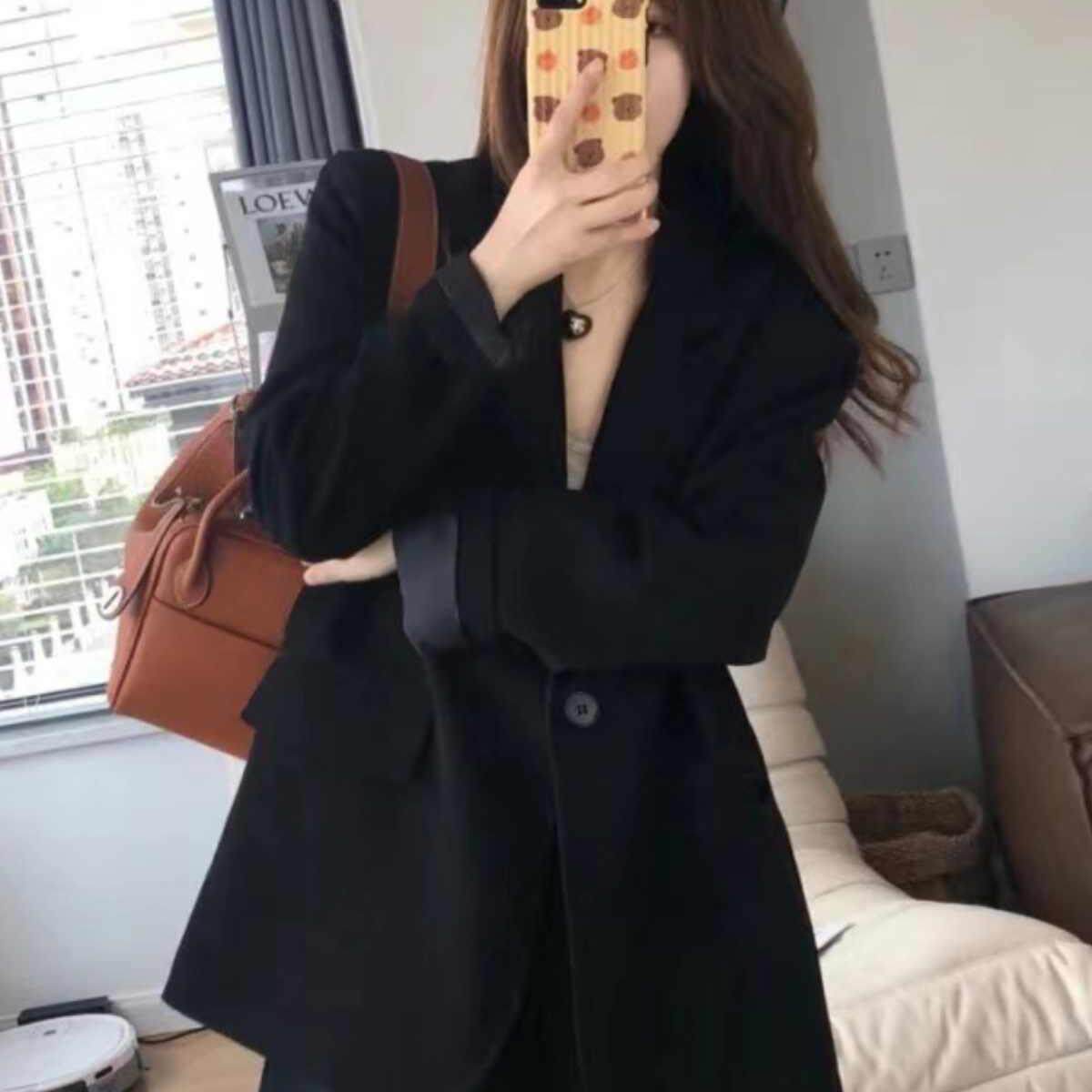 百搭一粒扣女宽松韩版卡其色西装韩版设计感春秋休闲气质小个子,女装连衣裙,浙宝318