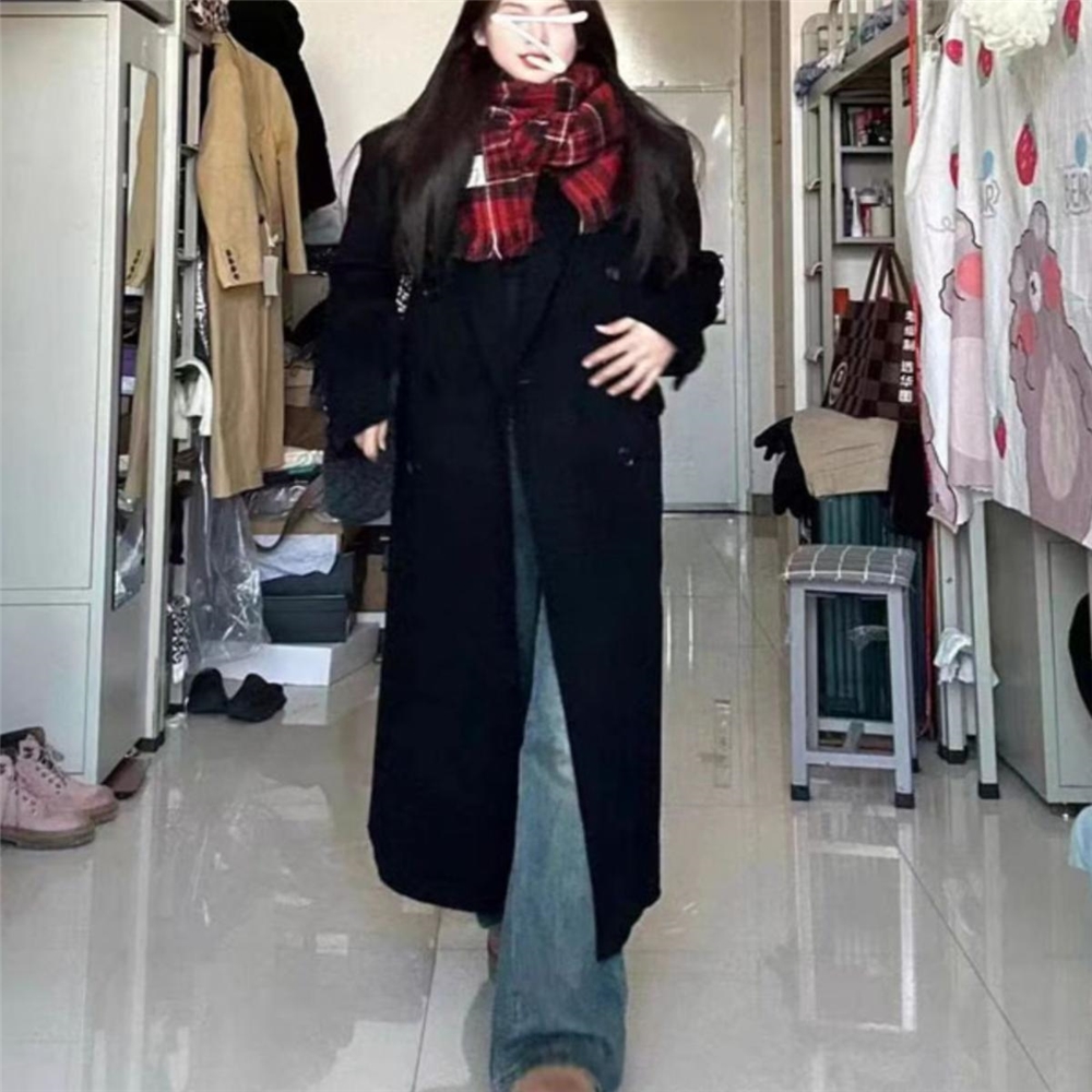 加厚秋冬毛呢大衣黑色长款呢子小个子韩系英伦风韩式6039p95k158，女装毛呢外套，浙宝318