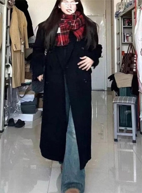 加厚秋冬毛呢大衣黑色长款呢子小个子韩系英伦风韩式6039p95k158