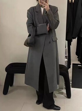 黑色双排扣西装羽绒大衣中长款秋冬高级感小个子女外套39p155k228