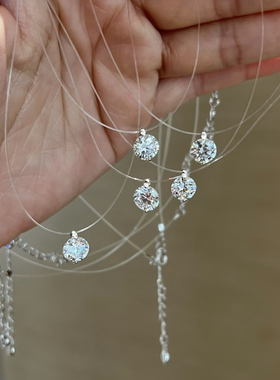 新品 人鱼之泪！1ct莫桑钻 925银隐形线项链隐形线透明锁骨链