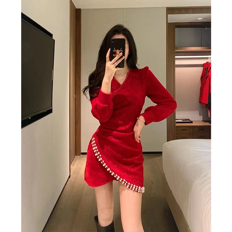 2095红色连衣裙女春装2023新款设计感轻奢收腰显瘦包臀短裙子