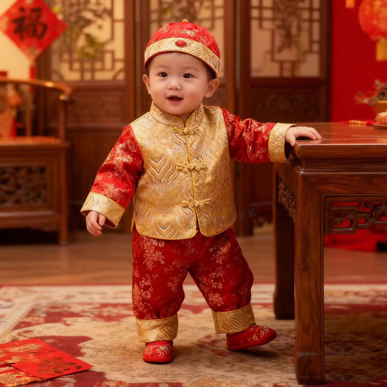 喜庆男宝宝抓周礼服春秋季小皇帝