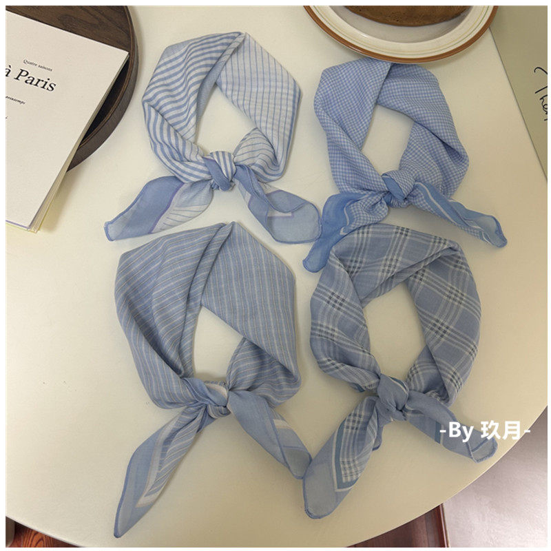 温柔蓝色系温柔日系棉麻小方巾条纹百搭装饰少女甜美领巾ins发带