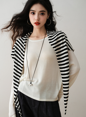 ron&ron韩系简约风条纹披肩针织衫2026春季新款休闲宽松百搭上衣