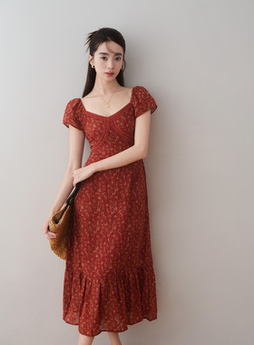ronron复古红色碎花鱼尾连衣裙2024夏季新款气质高腰显瘦中长裙T