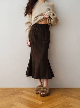 ron&ron不规则裁剪优雅鱼尾半身裙2025冬季女中松紧腰包臀小裙摆