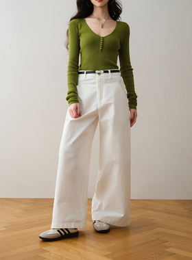 ron&ron简约风白色高腰阔腿牛仔裤送腰带女2026春季显瘦百搭长裤