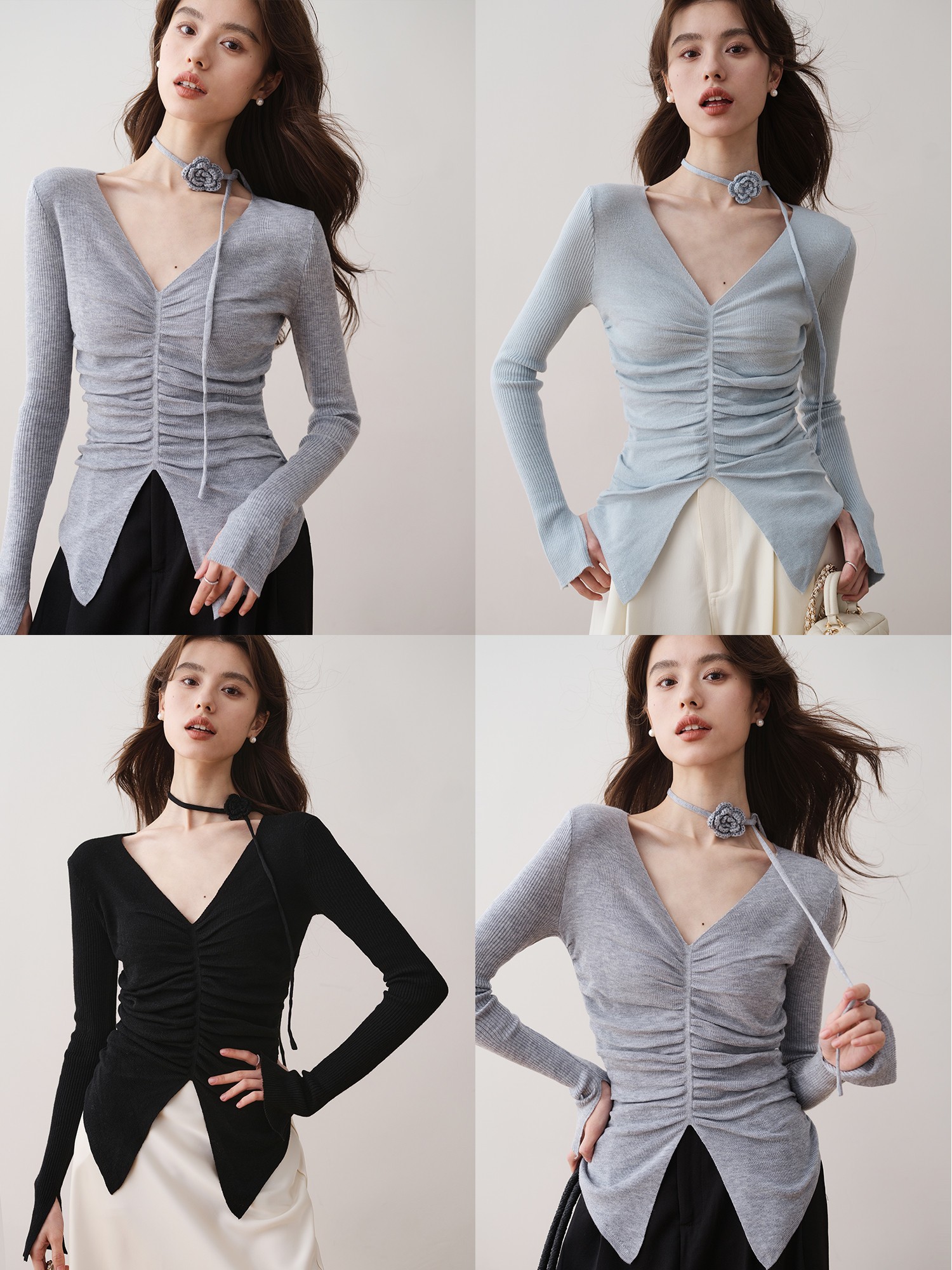 褶皱针织衫套头V领修身显瘦薄款