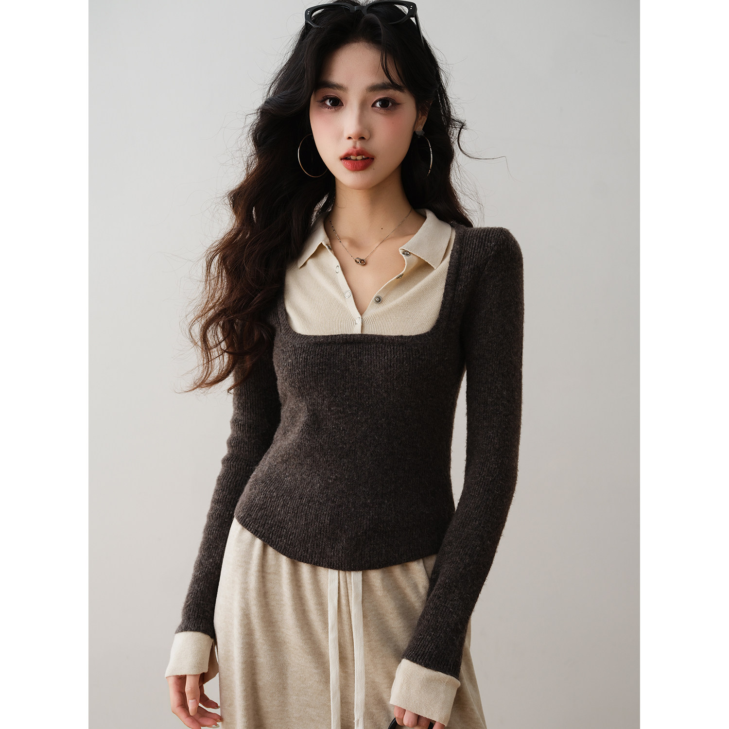 学院风翻领撞色假两件针织衫毛衣