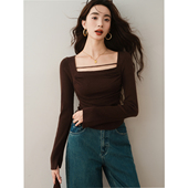 ron&ron法式 显瘦超好看上衣T 别致修身 方领褶皱收腰针织衫 秋冬新款