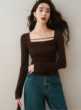 ron&ron法式方领褶皱收腰针织衫秋冬新款别致修身显瘦超好看上衣T