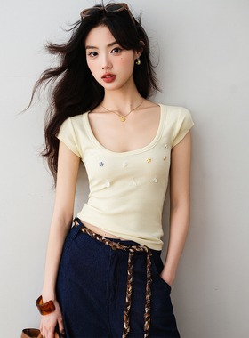 ron&ron设计感海星装饰针织短袖2025夏季新款百搭修身显瘦U领衣T