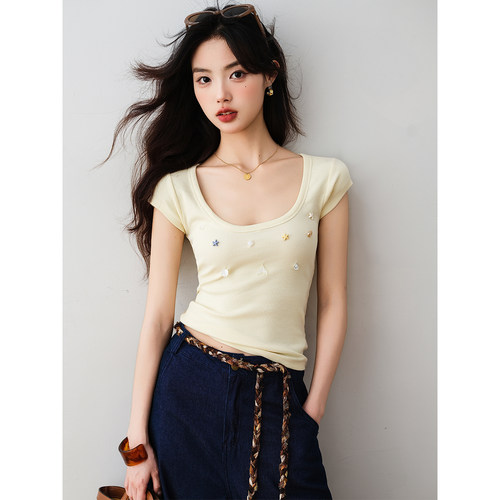 设计感海星装饰修身显瘦针织短袖