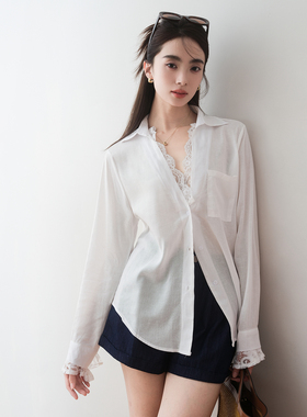 ron&ron法式V领蕾丝拼接衬衫女早春穿搭气质宽松衬衣绝美上衣T
