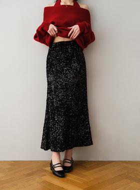 ron&ron法式小香风亮片中长裙2025冬季松紧腰显瘦设计长裙轻熟风