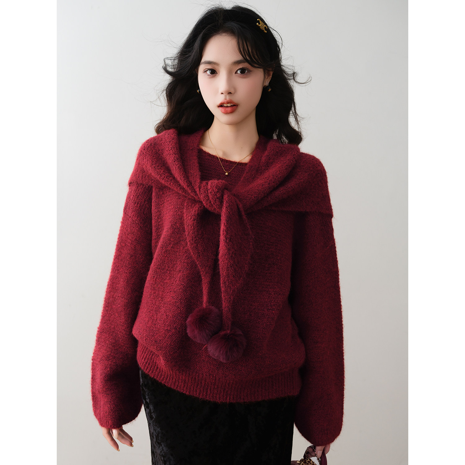 轻熟优雅风毛球披肩针织衫2025冬