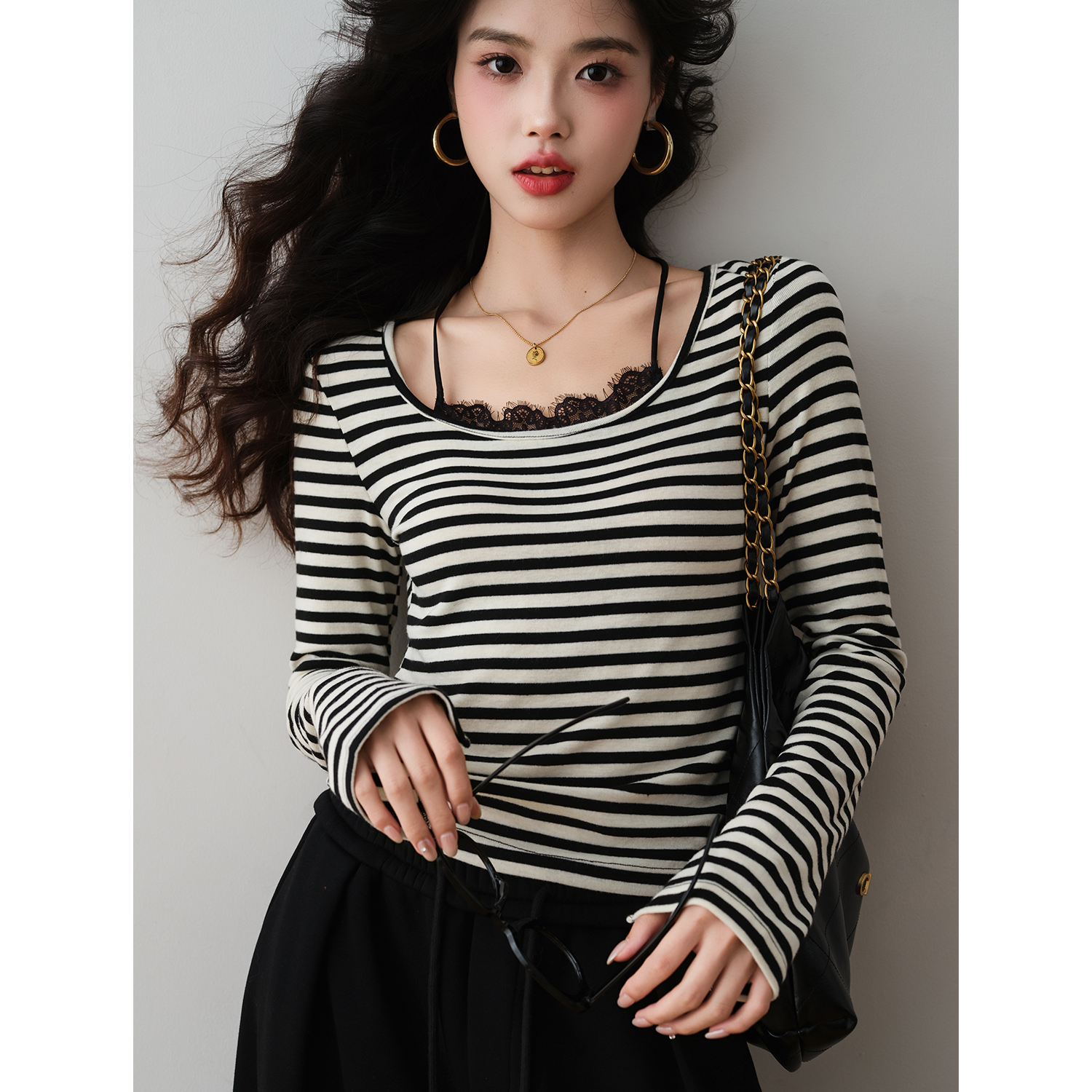 ron&ron条纹蕾丝拼接长袖T恤女2025秋季假两件修身显瘦打底衫上衣