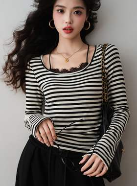 ron&ron条纹蕾丝拼接长袖T恤女2025秋季假两件修身显瘦打底衫上衣