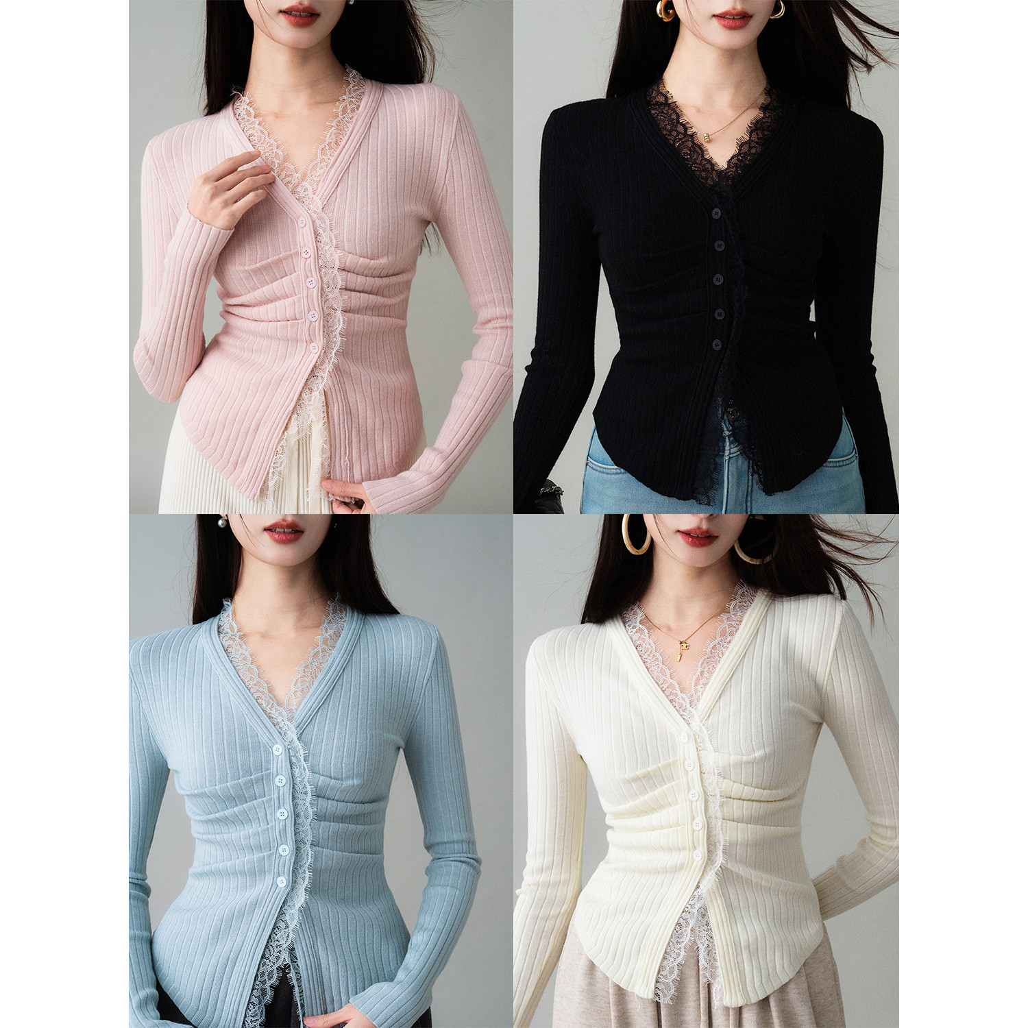 法式蕾丝边褶皱收腰修身针织衫