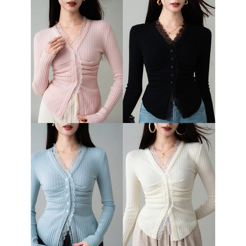 法式蕾丝边褶皱收腰修身针织衫