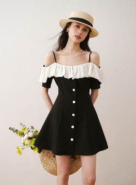 ronron设计感一字肩黑色雪纺连衣裙2023夏季新款收腰显瘦小黑裙T