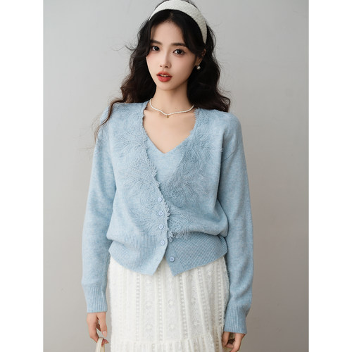 ron&ron温柔慵懒风低V领蕾丝针织开衫女2025冬季假两件长袖毛衣