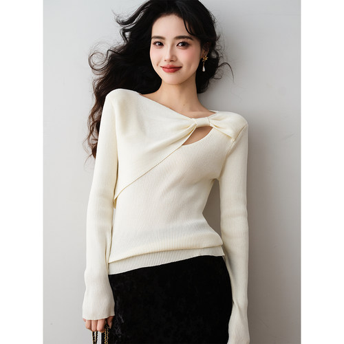 法式设计感蝴蝶结领镂空针织衫