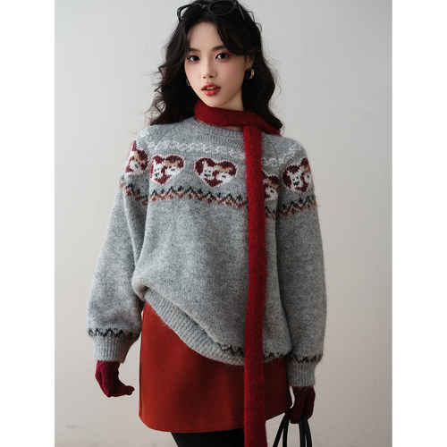 复古小狗卡通提花针织衫2025冬季