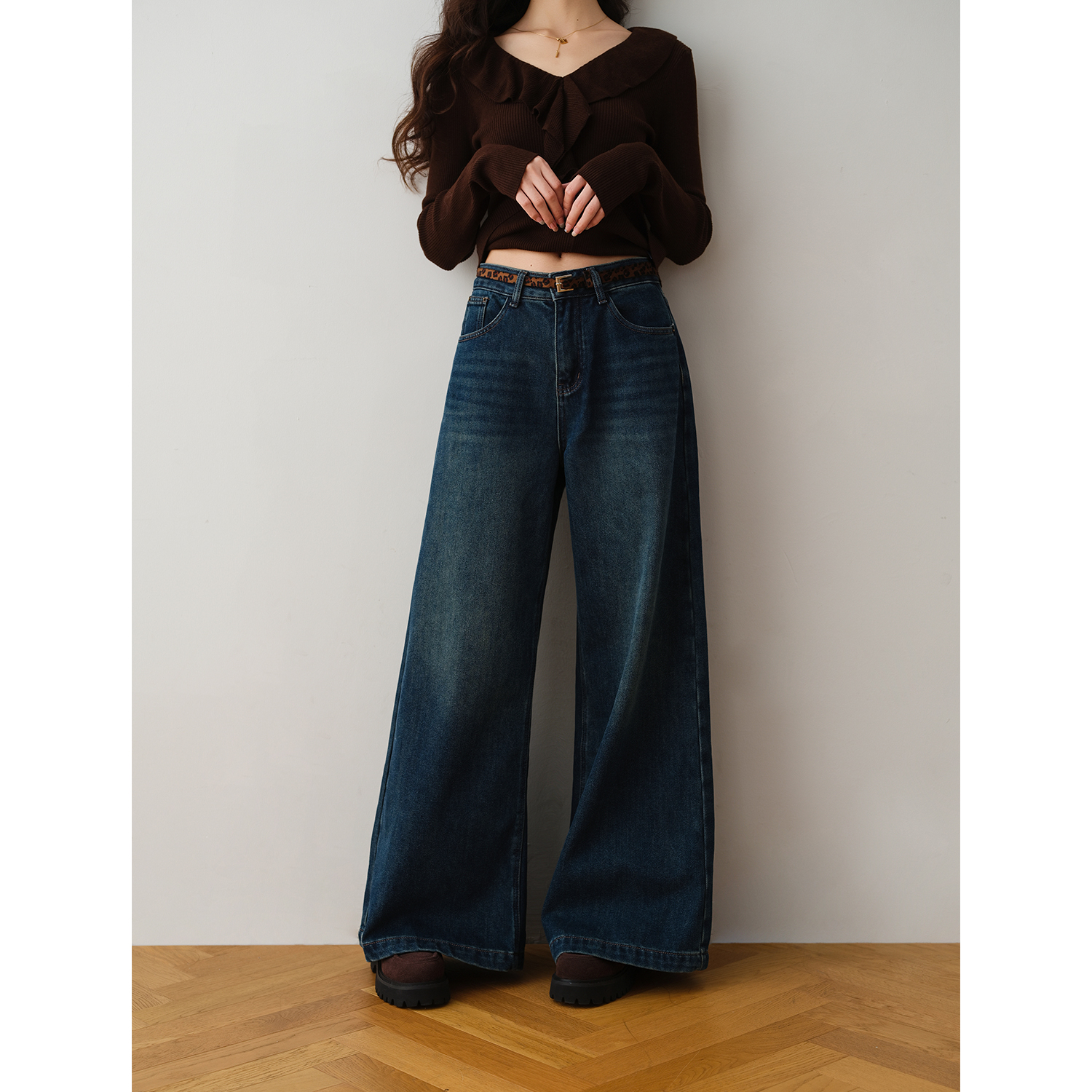 ron&ron复古加绒高腰微喇叭牛仔裤女送腰带2025秋季长裤百搭休闲